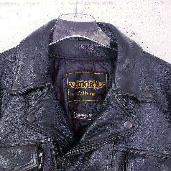 Unik Ultra Black Leather Motorcycle Biker Jacket  Insulated Size Large - Picture 4 of 13